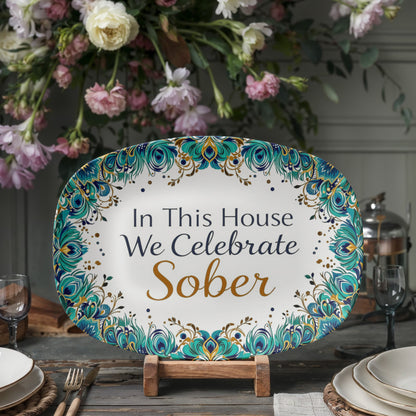 Oval serving platter on a small stand with teal-gold peacock border and “In This House We Celebrate Sober”