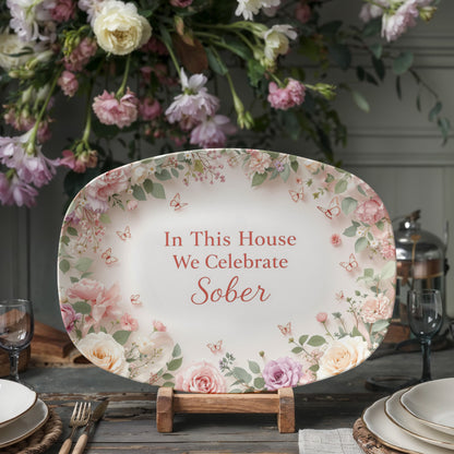 Oval serving platter on wooden easel with roses and 'In This House We Celebrate Sober' text