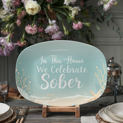 Seafoam oval serving platter on stand with “In This House We Celebrate Sober”