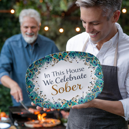 Oval serving platter held by a cook, peacock teal-gold border with “In This House We Celebrate Sober”
