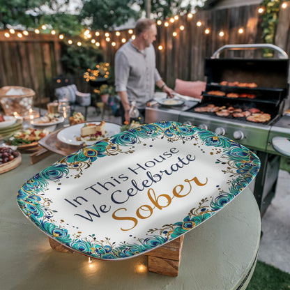 Oval serving platter on a round stand, teal and gold peacock border with “In This House We Celebrate Sober”