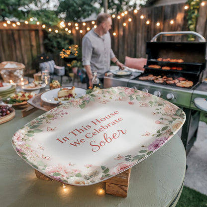Oval serving platter with floral border and 'In This House We Celebrate Sober' center text