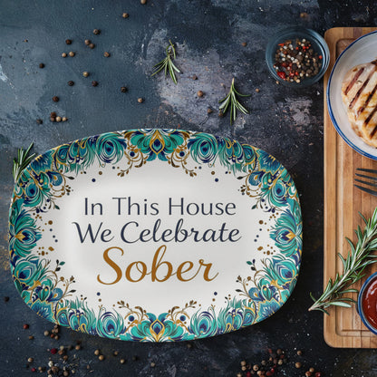 Oval serving platter with teal and gold peacock border and “In This House We Celebrate Sober” text