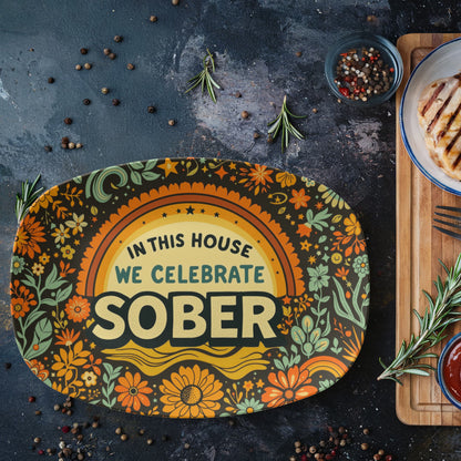 Decorative oval platter with “SOBER” message and orange and green floral pattern