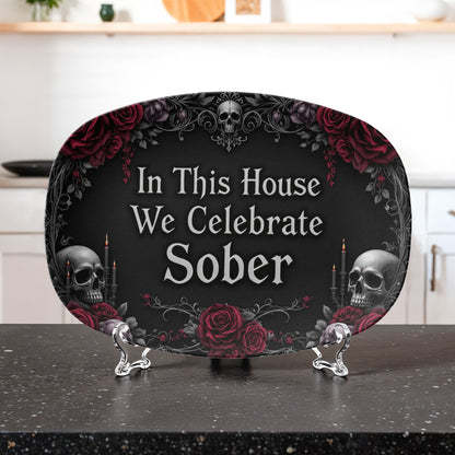 Oval serving platter with gothic quote, skulls, and red roses on dark base