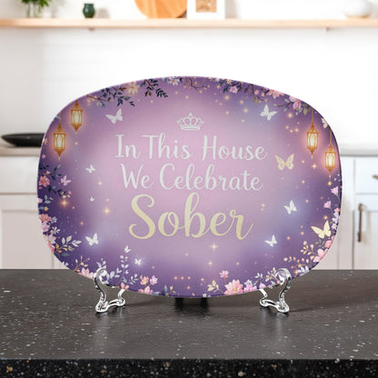 Purple oval gift tray on silver easel legs, 'In This House We Celebrate Sober' lettering