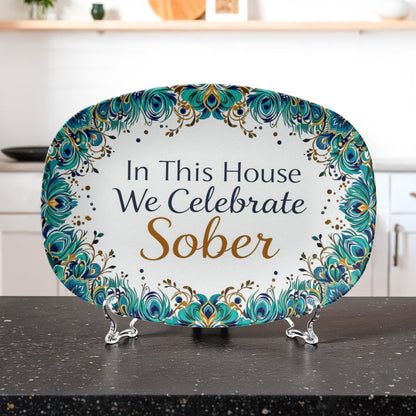 Oval serving platter with peacock teal-gold border, quote “In This House We Celebrate Sober” on stand
