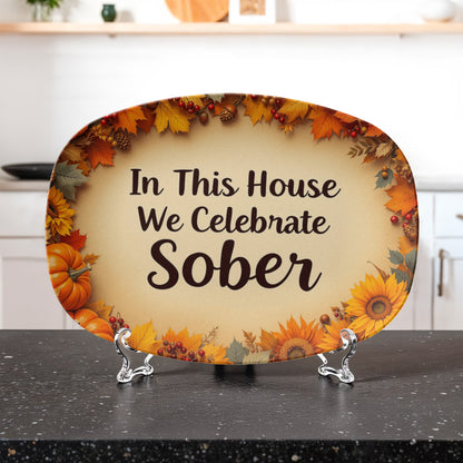 Oval serving platter with autumn leaf border and text "In This House We Celebrate Sober"