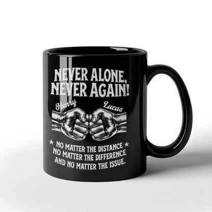 Black ceramic friendship mug with personalized names, fist-bump artwork, and recovery message