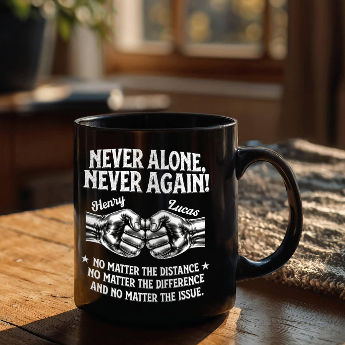 Black personalized recovery mug featuring two fists and a friendship message