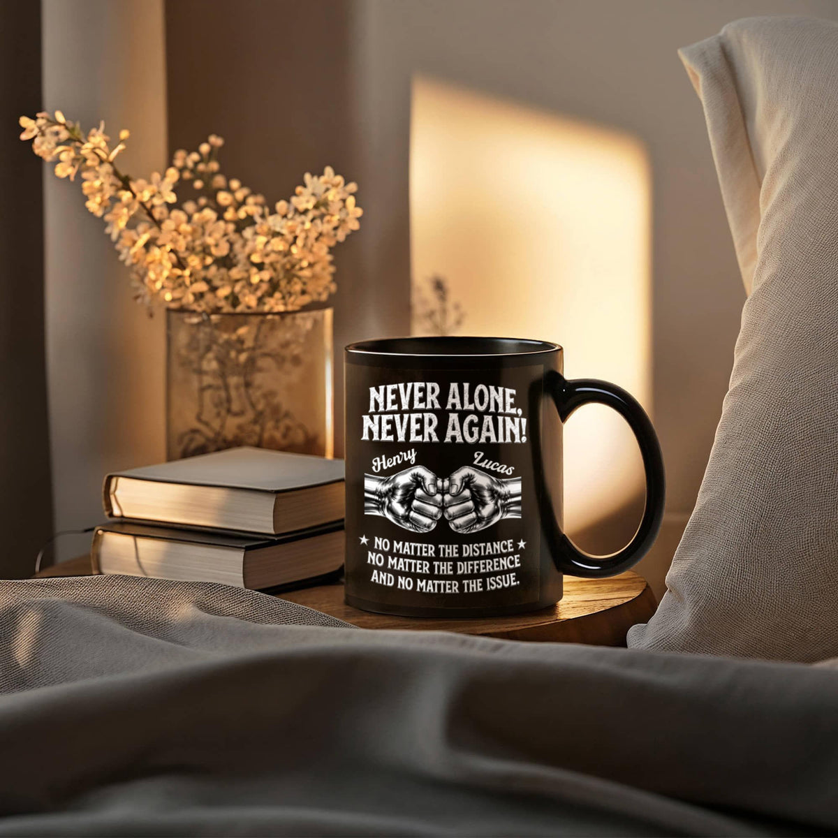 Personalized black mug with a recovery message and two illustrated fists