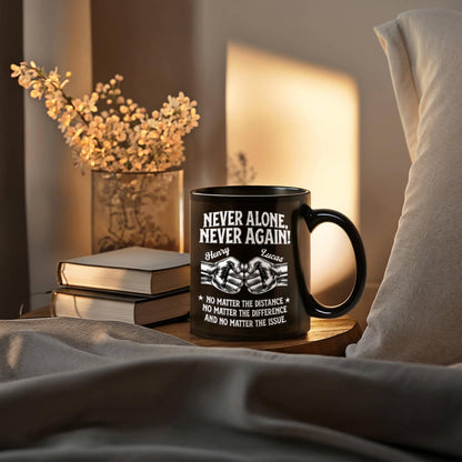 Personalized black mug with a recovery message and two illustrated fists