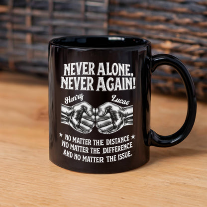 Glossy black friendship mug with personalized names and white recovery text