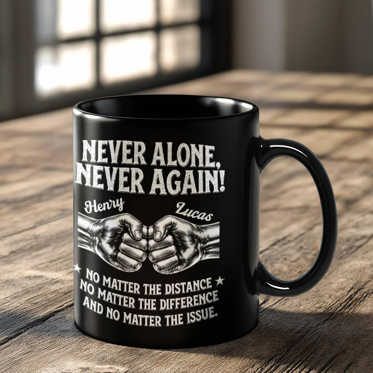 Black recovery friendship mug with white lettering and personalized names