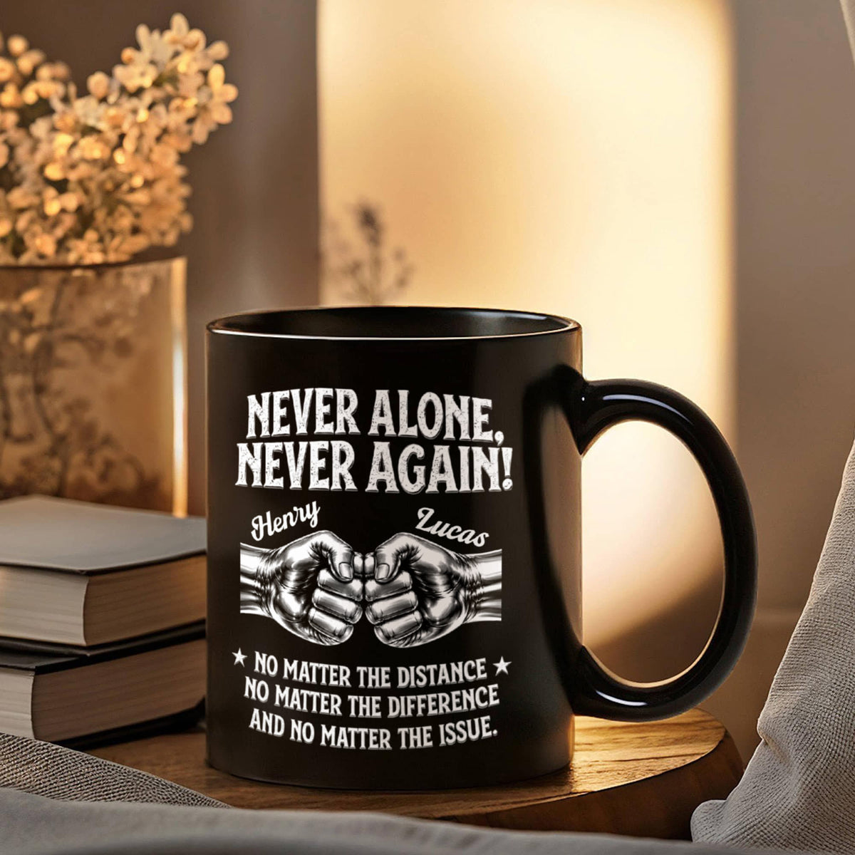 Black ceramic mug printed with fist-bump artwork and a personalized friendship message