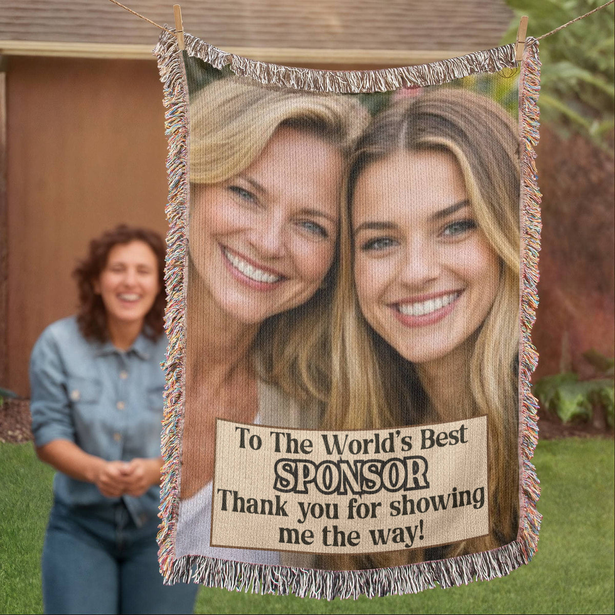Fringed photo throw blanket with two smiling women and “To The World’s Best SPONSOR”