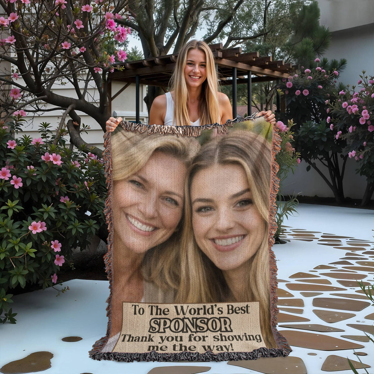 Woven photo throw blanket with two smiling faces and printed thank-you message, fringe edge