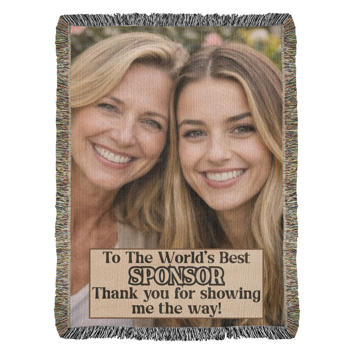 Fringed photo woven throw blanket with two smiling women and sponsor thank-you text