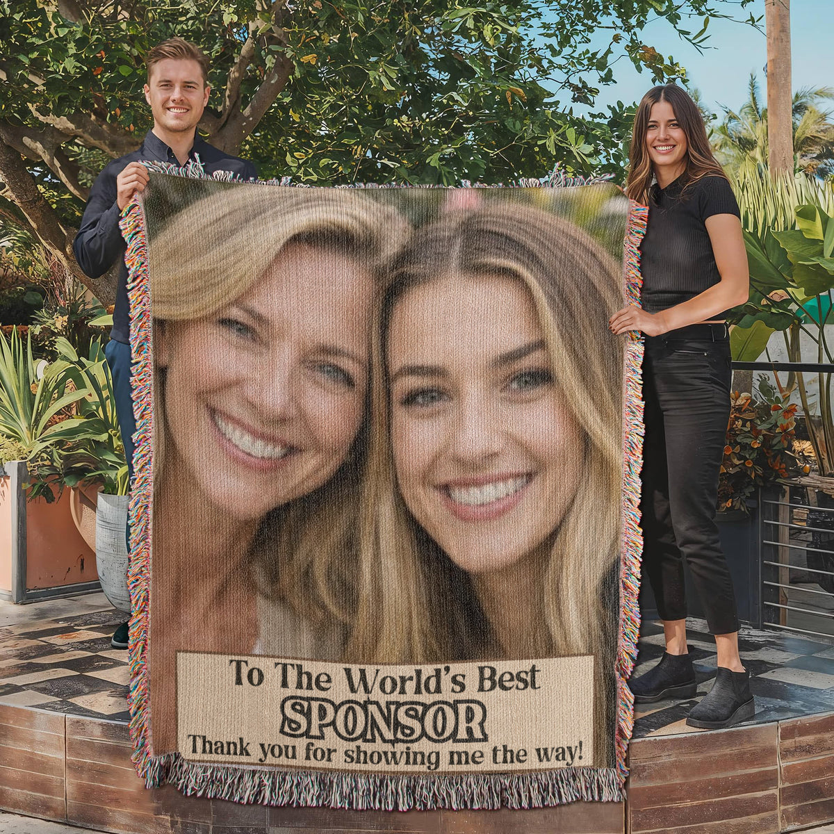 Fringed photo throw blanket outdoors featuring two women and “To The World’s Best SPONSOR”