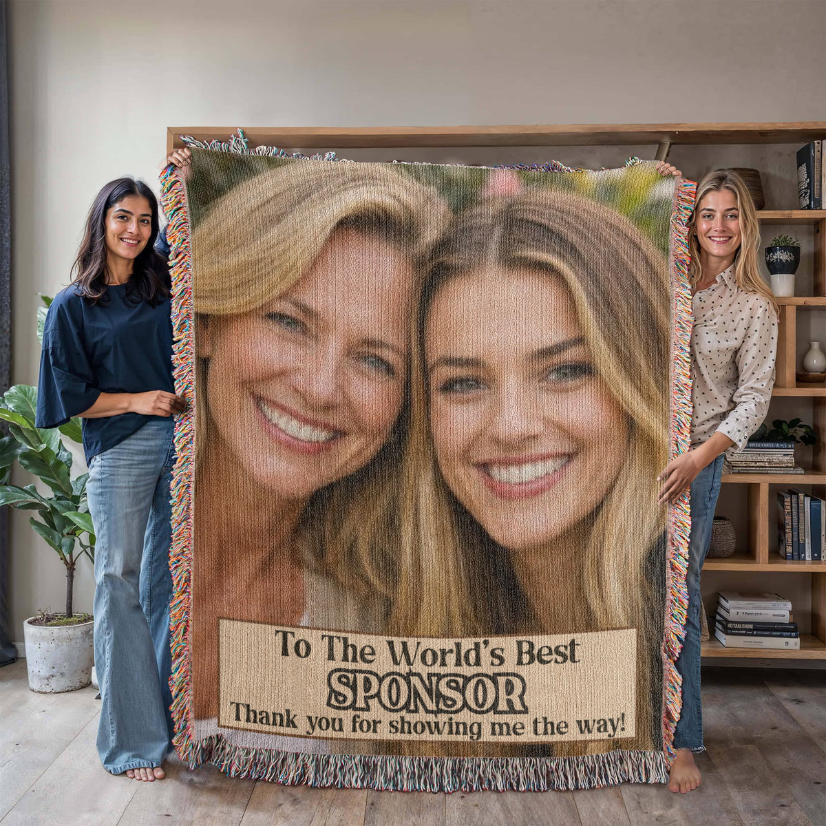 Fringed photo throw blanket displayed indoors with two smiling women and sponsor message