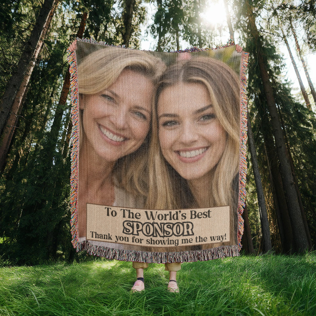 Fringed photo woven throw blanket in a forest setting, showing two women and thank-you text