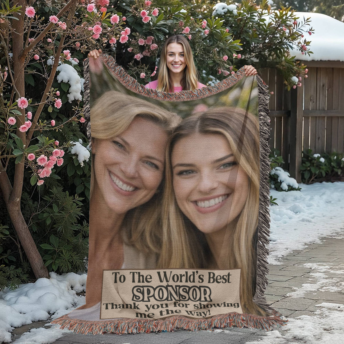 Fringed photo woven blanket held outdoors, featuring two women and sponsor thank-you message
