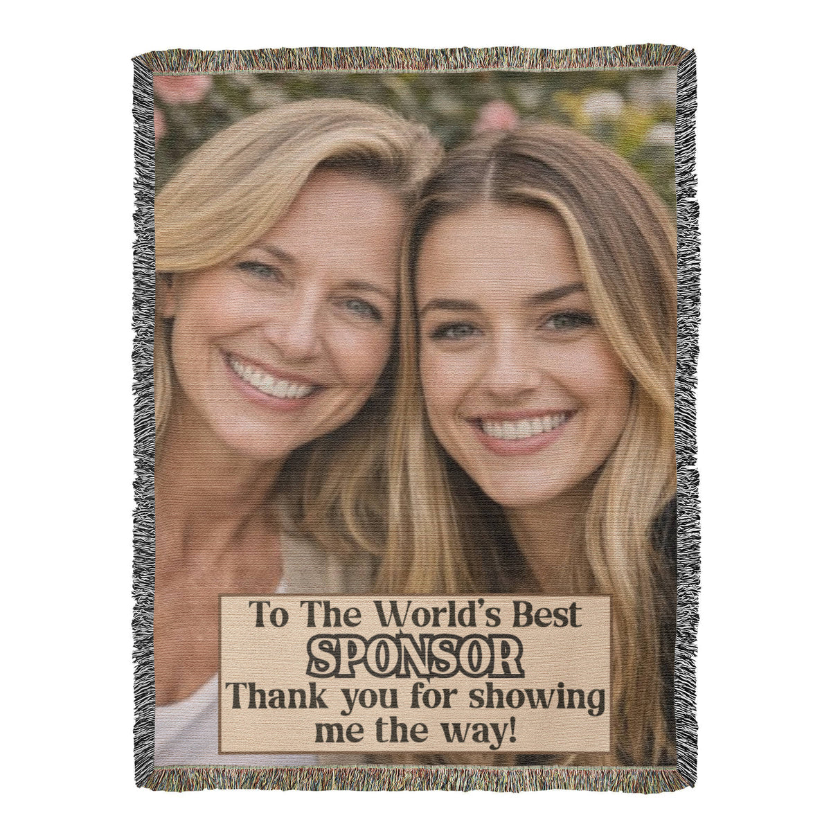 Square fringed photo throw blanket showing two smiling women and sponsor thank-you note
