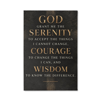 Black vertical canvas wall art with gold Serenity Prayer text, centered design.