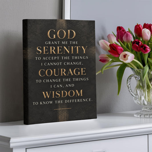 Serenity Prayer Canvas Wall Art – Black & Gold Vertical Recovery Gift