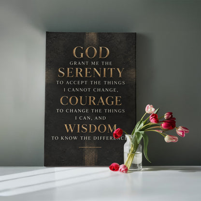 Black vertical canvas wall art with gold Serenity Prayer text against dark wall.
