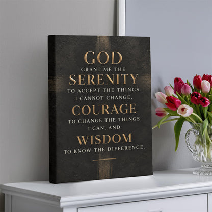 Black vertical canvas wall art with gold Serenity Prayer text on display shelf.