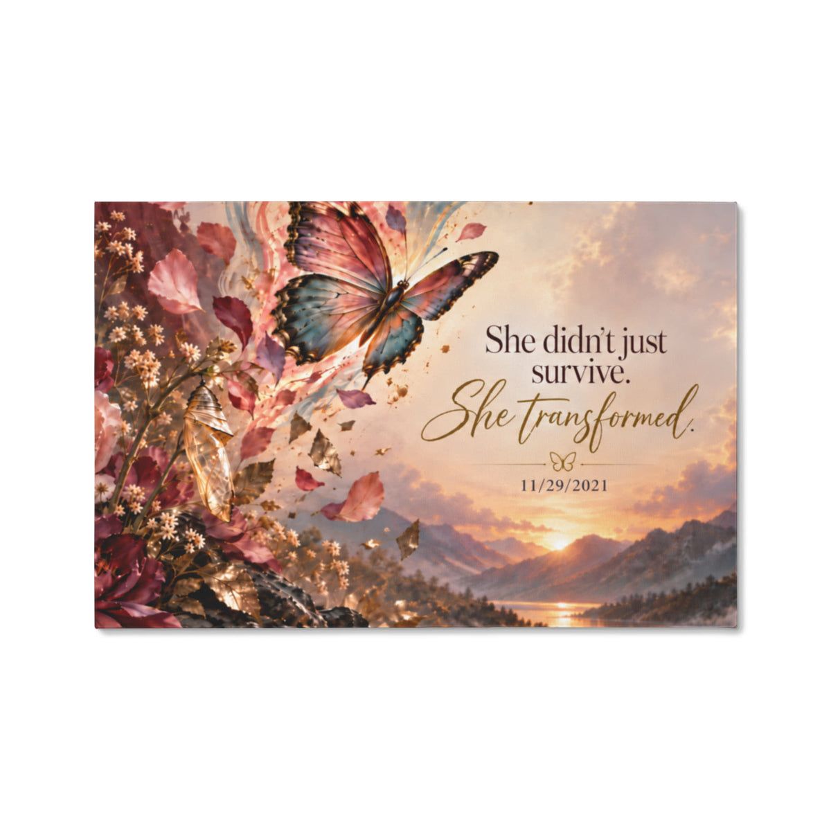 Custom recovery date canvas with butterfly, autumn flowers, and quote with date