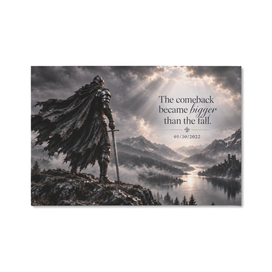 Mounted wall art print with warrior figure on a rocky shore and quote: “bigger than the fall”