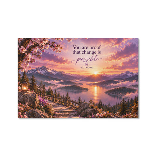 Inspirational landscape wall art print with quote about change being possible and a date