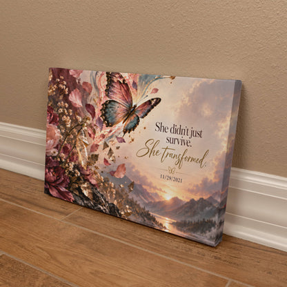 Custom recovery date canvas displayed on a wall with butterfly, flowers, and printed date