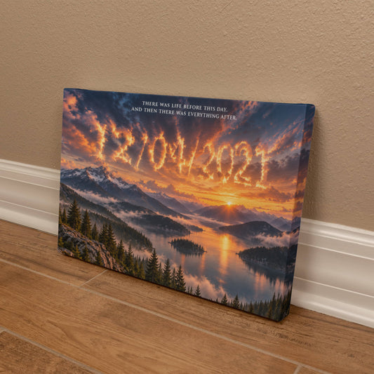 Sunset landscape wall art with glowing numbers and recovery quote text on wood floor