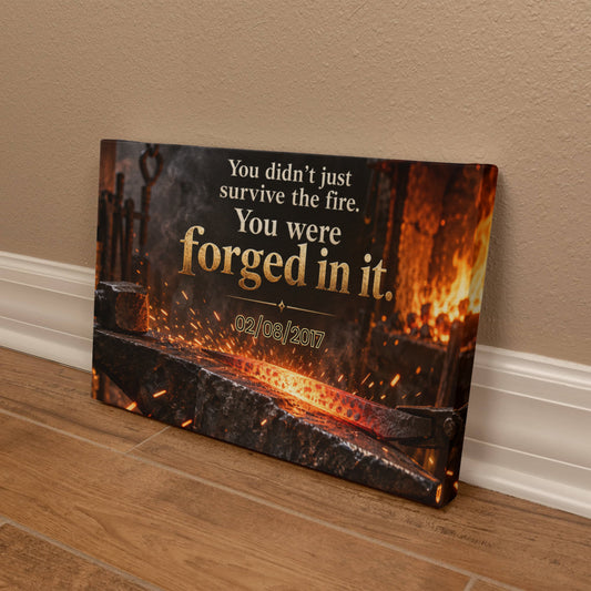 Rectangular fire-forge wall art with quote, orange flames, and date 02/08/2017.