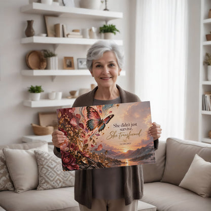 Custom recovery date canvas held in a living room, butterfly and quote clearly visible