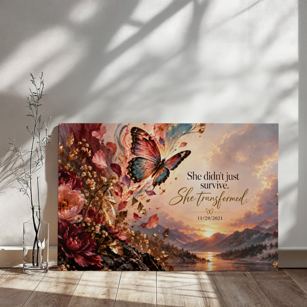 Custom recovery date canvas on a floor with butterfly, flowers, and scenic sunset print