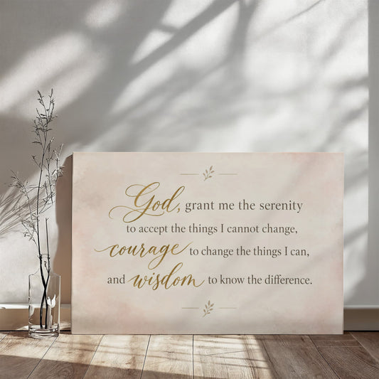 Cream canvas wall art with gold prayer wording on a tabletop.