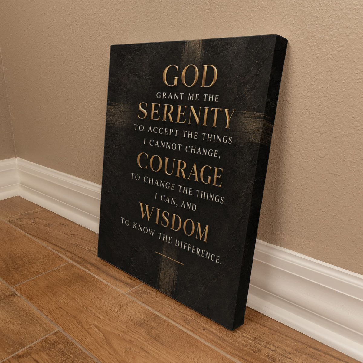 Vertical black canvas wall art with gold Serenity Prayer text and border design.
