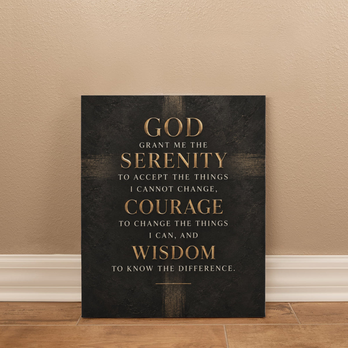 Black vertical canvas wall art with gold Serenity Prayer verse: God, serenity, courage, wisdom.