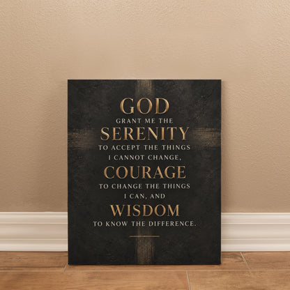 Black vertical canvas wall art with gold Serenity Prayer verse: God, serenity, courage, wisdom.
