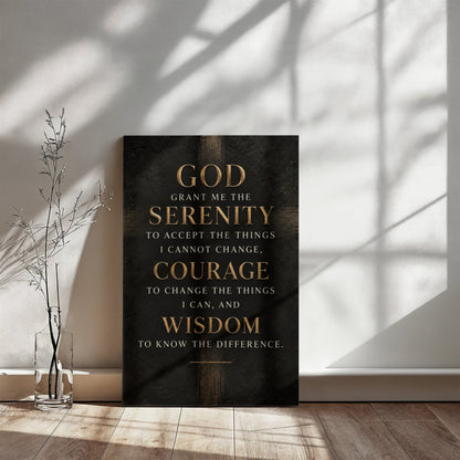 Vertical black canvas wall art with gold Serenity Prayer text, displayed standing on floor.