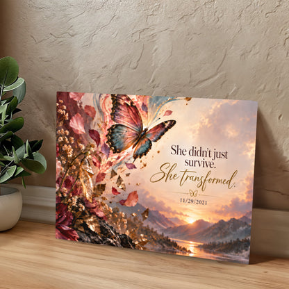 Custom recovery date canvas on a shelf, featuring butterfly, flowers, and recovery message