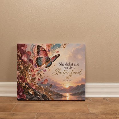 Recovery date canvas with butterfly, floral art, sunset sky, and script quote