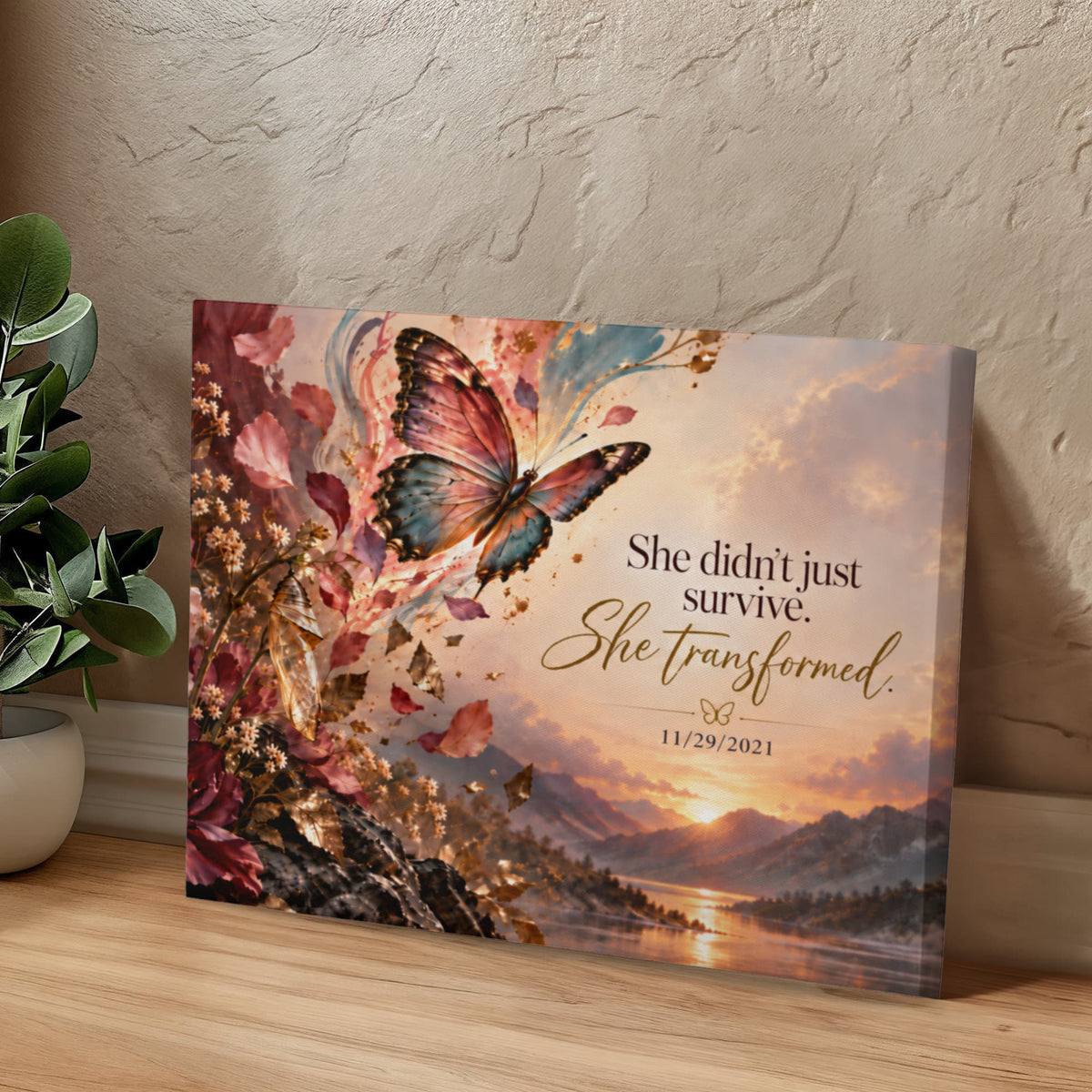 Custom recovery date canvas displayed on a tabletop with butterfly and printed quote