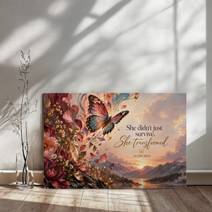 Custom recovery date canvas featuring a butterfly over scenic sunset and floral burst