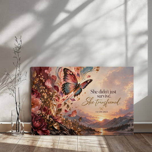 Custom recovery date canvas featuring a butterfly over scenic sunset and floral burst