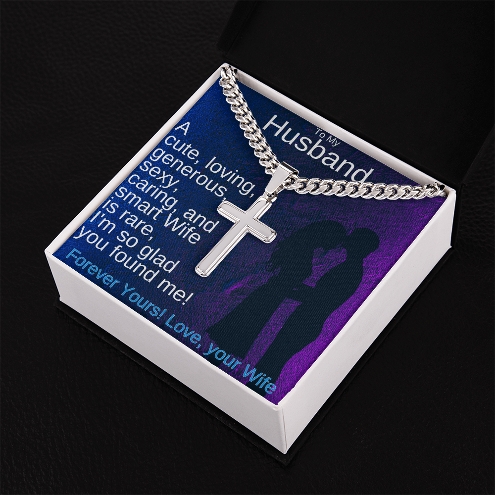 Silver-tone chain necklace with cross pendant and engraved name plate, angled view
